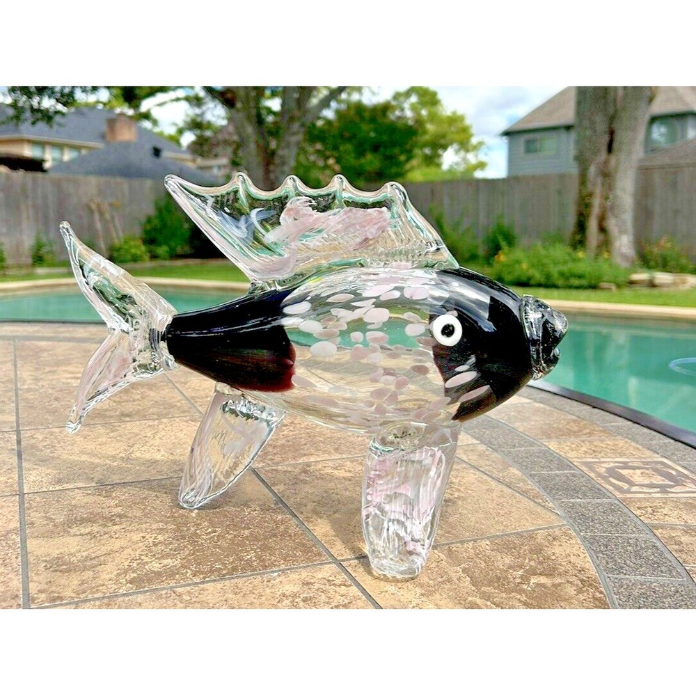 Art Glass Fish Clear & Black‎ almost purple w/Pink spots and swirls Beach Lake